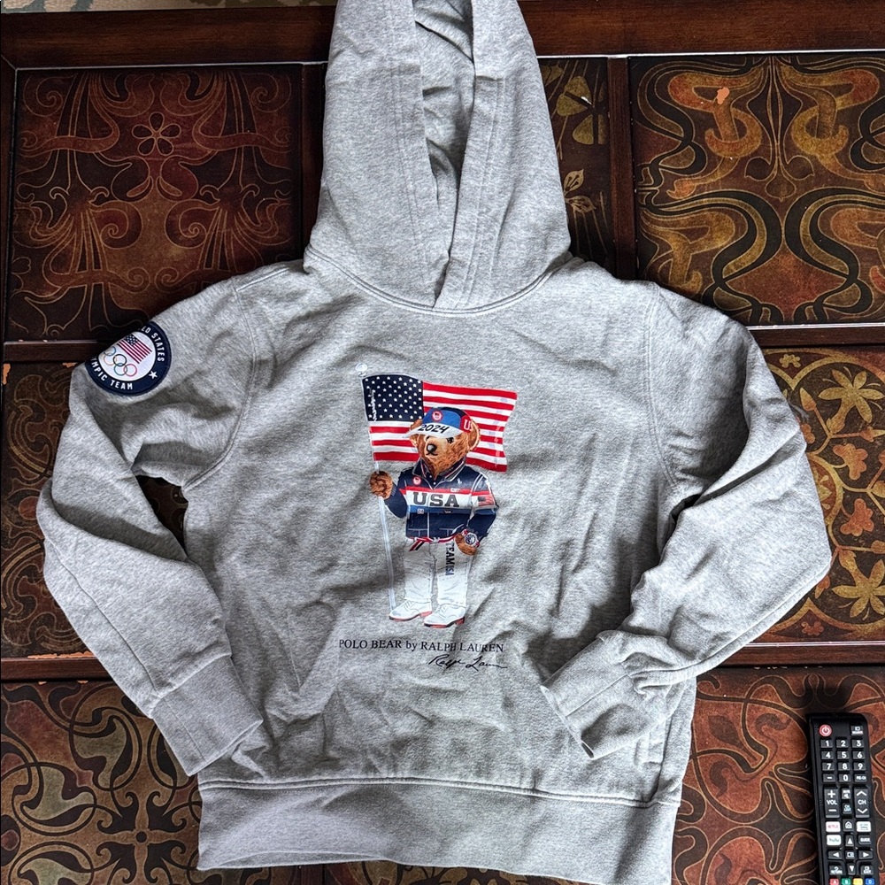 Ralph Lauren Grey Hoodie with Polo Bear and USA Flag